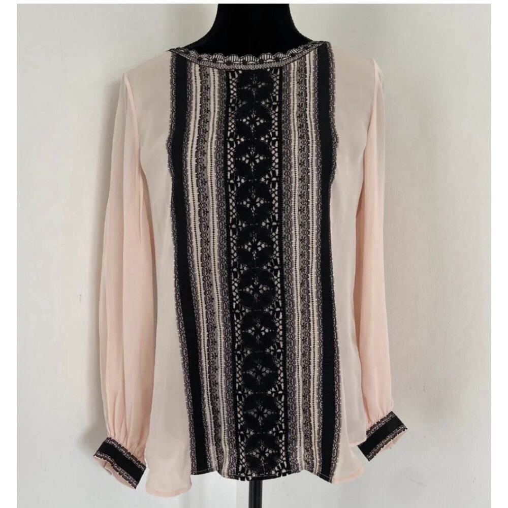 Oscar De La Renta Blouse Pink Black Lace silk top Sz 8 Summer Evening